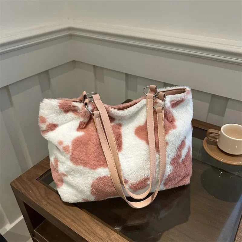 Trendsi Cow Print Furry Tote Bag