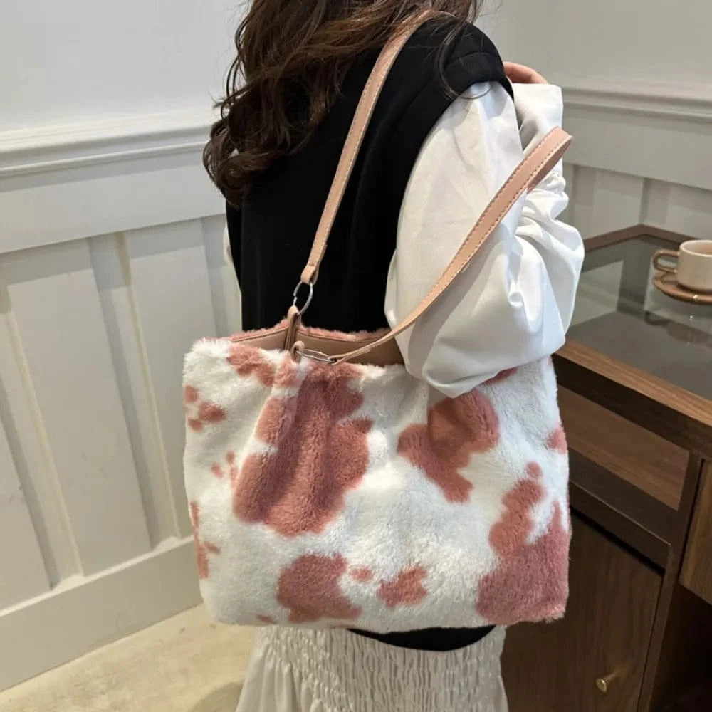 Trendsi Cow Print Furry Tote Bag