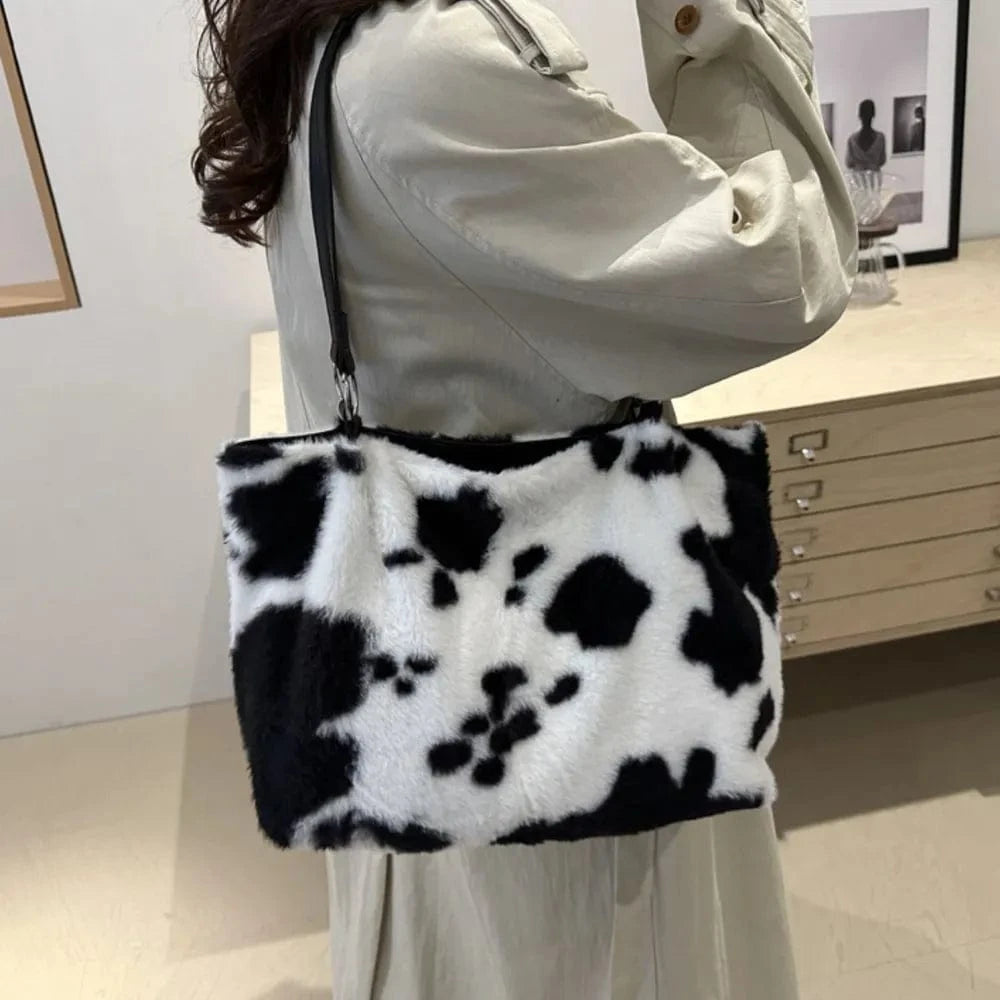 Trendsi Cow Print Furry Tote Bag