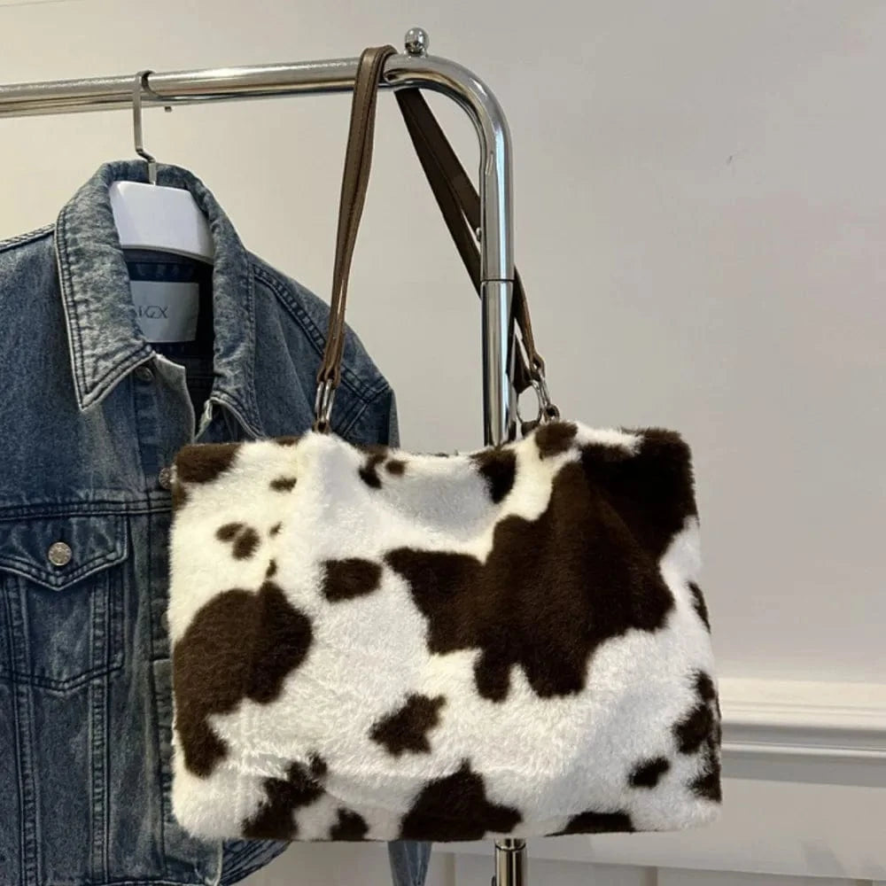 Trendsi Cow Print Furry Tote Bag