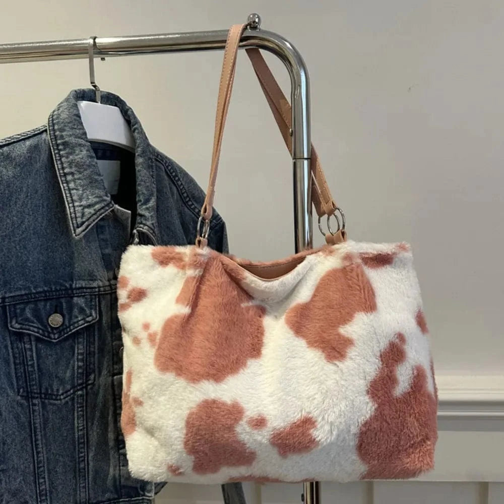 Trendsi Cow Print Furry Tote Bag