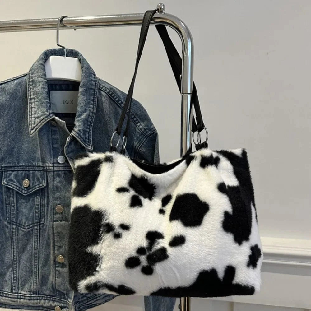 Trendsi Cow Print Furry Tote Bag