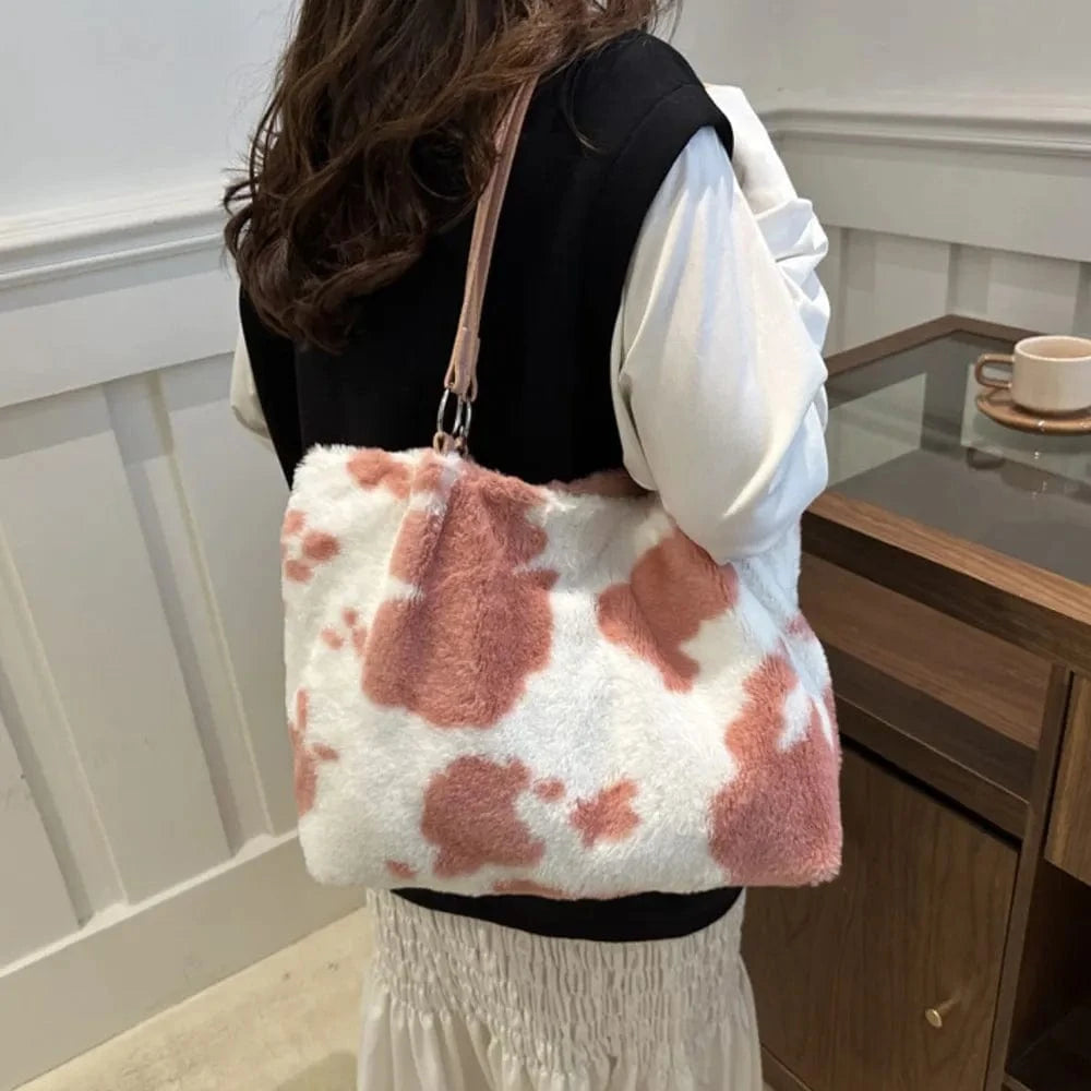 Trendsi Cow Print Furry Tote Bag