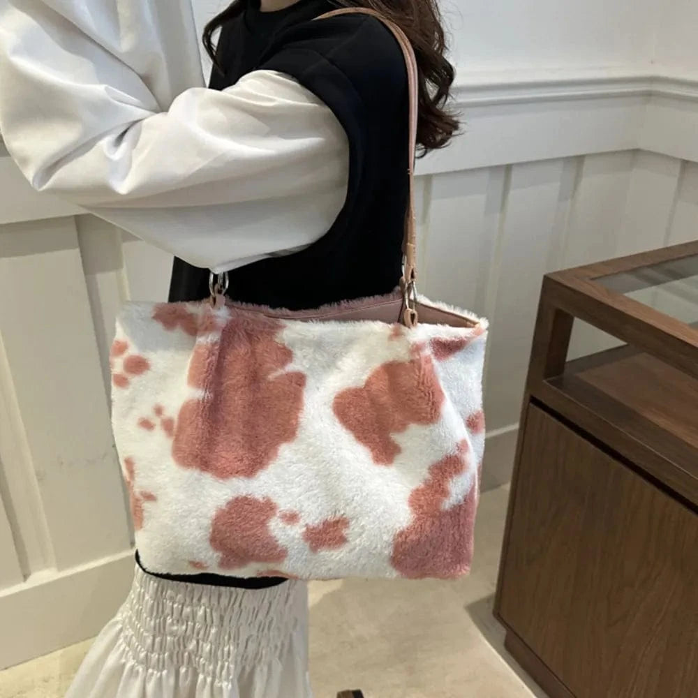 Trendsi Cow Print Furry Tote Bag