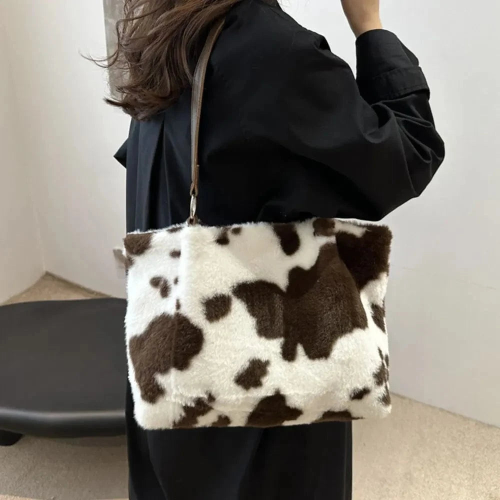 Trendsi Cow Print Furry Tote Bag