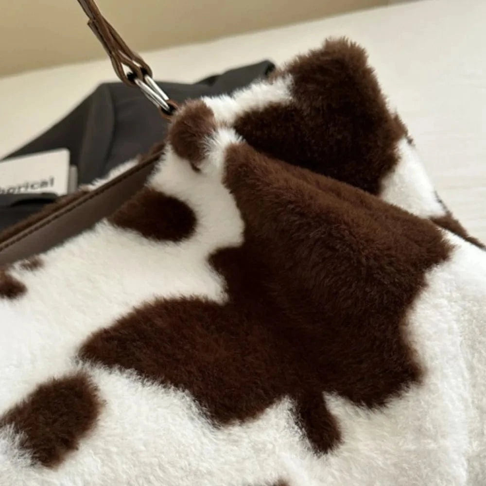 Trendsi Cow Print Furry Tote Bag