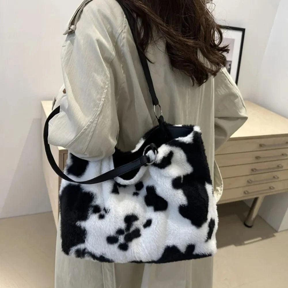 Trendsi Cow Print Furry Tote Bag