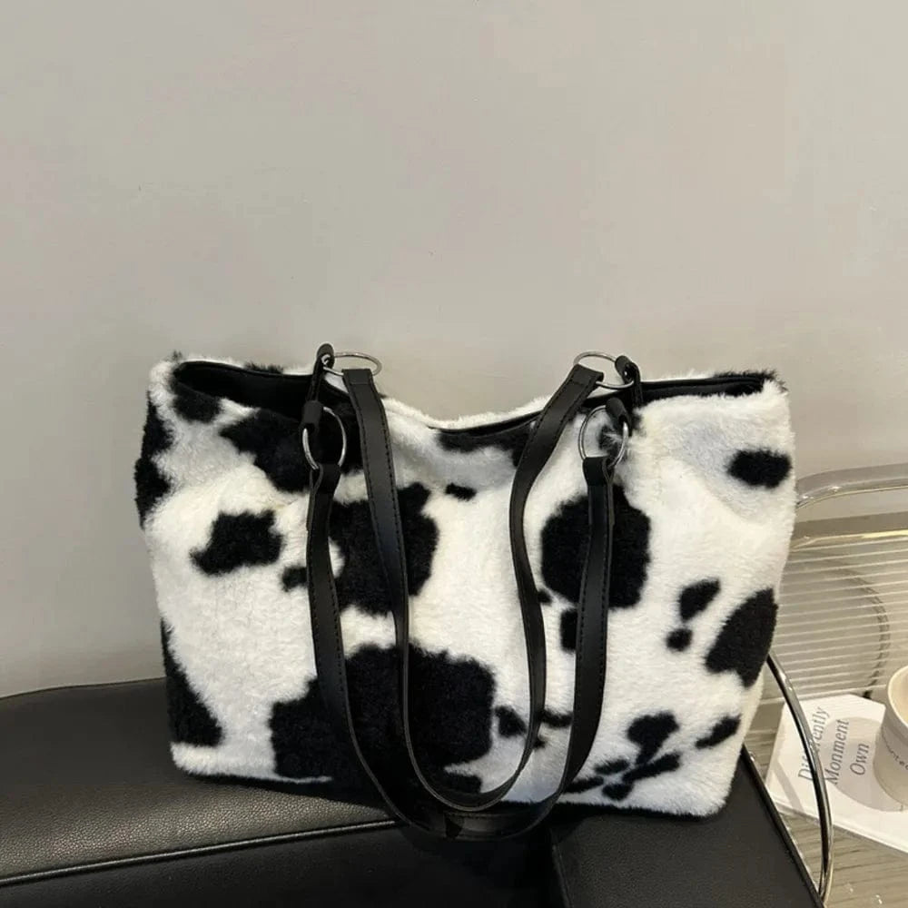 Trendsi Cow Print Furry Tote Bag