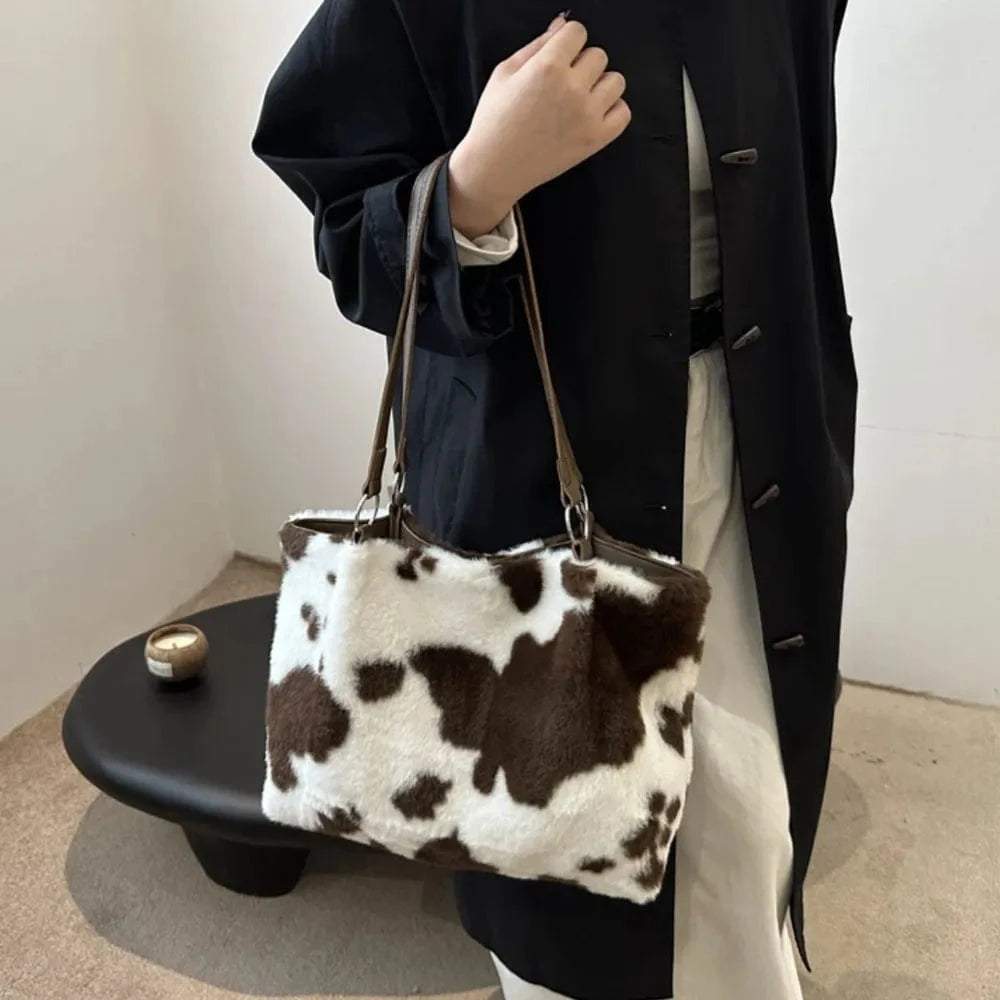 Trendsi Cow Print Furry Tote Bag