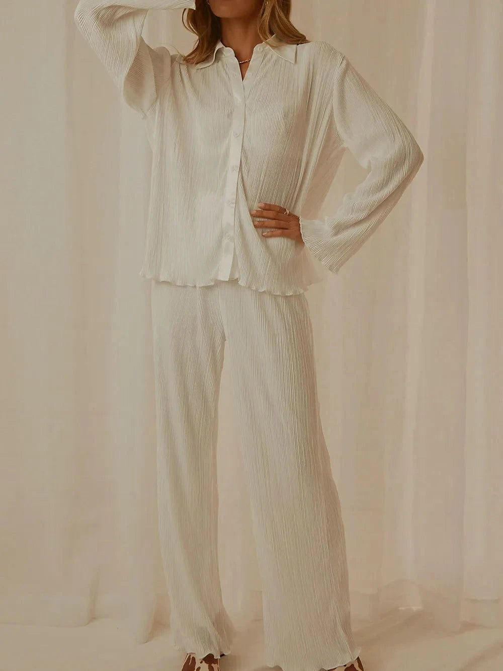 Trendsi Cream / S Collared Neck Long Sleeve Top and Pants Lounge Set