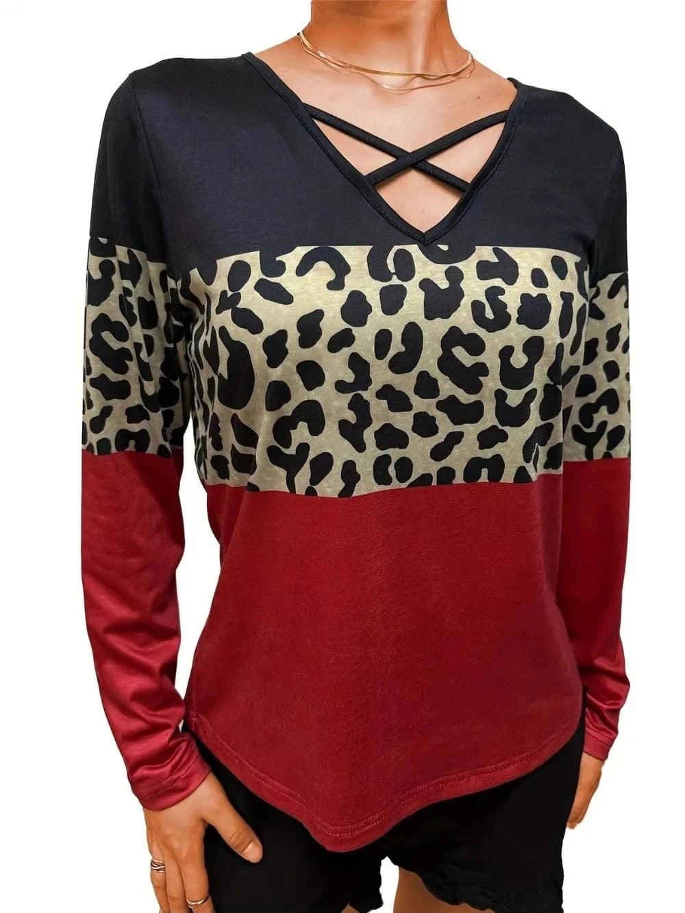 Trendsi Crisscross Color Block Long Sleeve T-Shirt