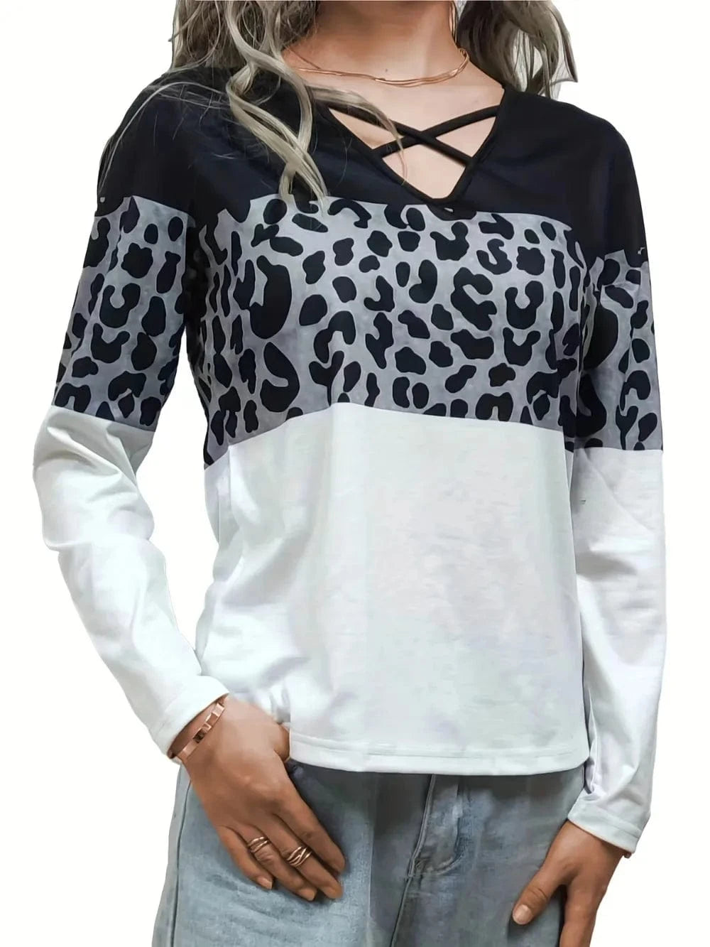 Trendsi Crisscross Color Block Long Sleeve T-Shirt