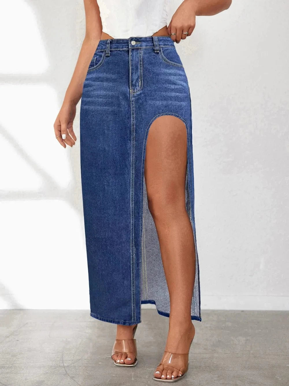 Trendsi Dark Blue / S High Rise Slit Denim Skirt
