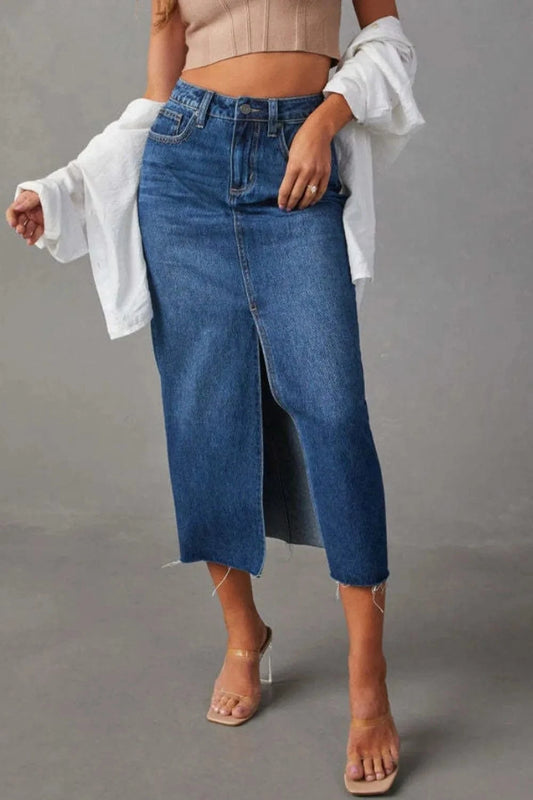 Trendsi Dark Blue / S Slit Raw Hem Midi Denim Skirt