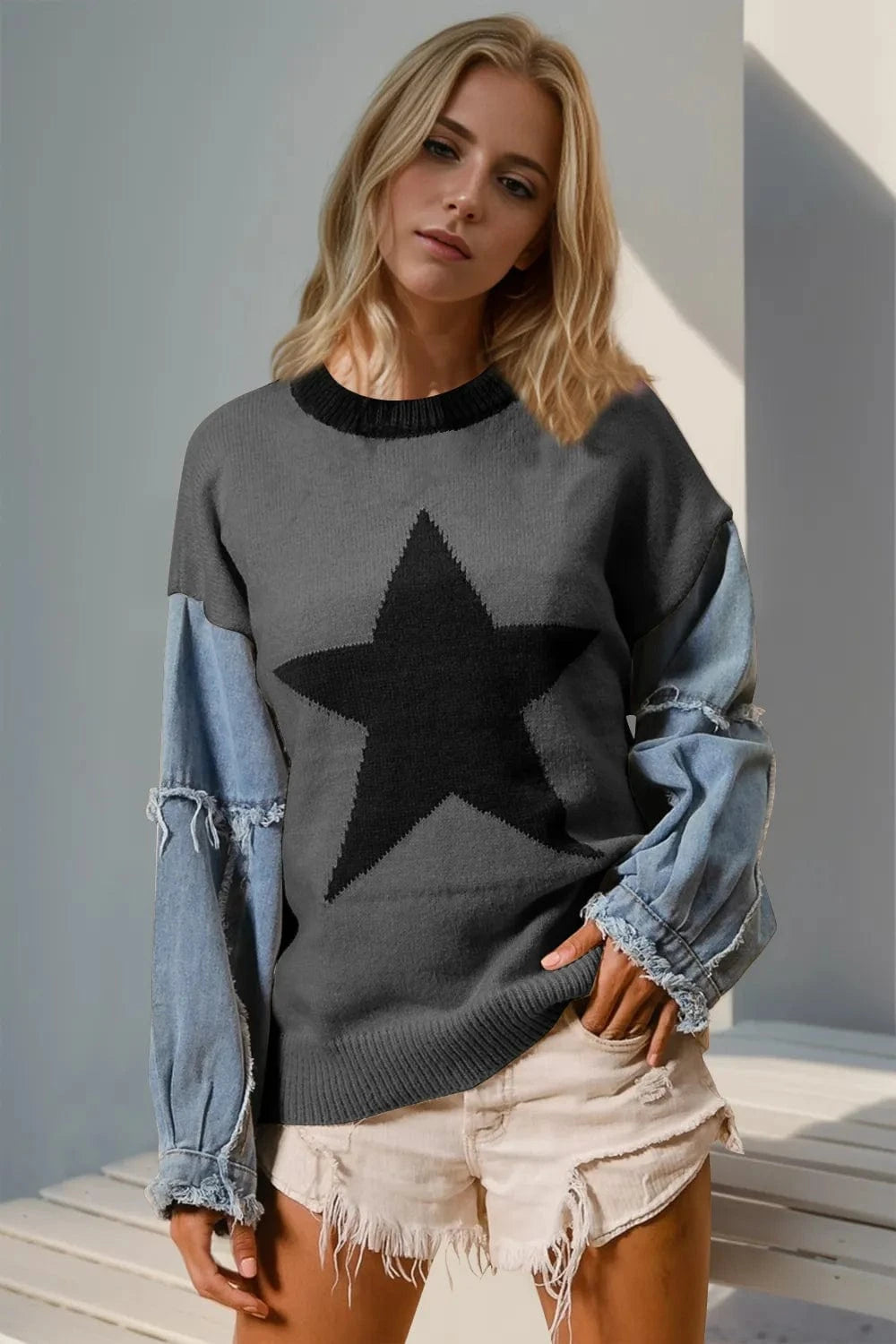 Trendsi Dark Gray / S/M Double Take Full Size Star Pattern Raw Edge Long Sleeve Sweater