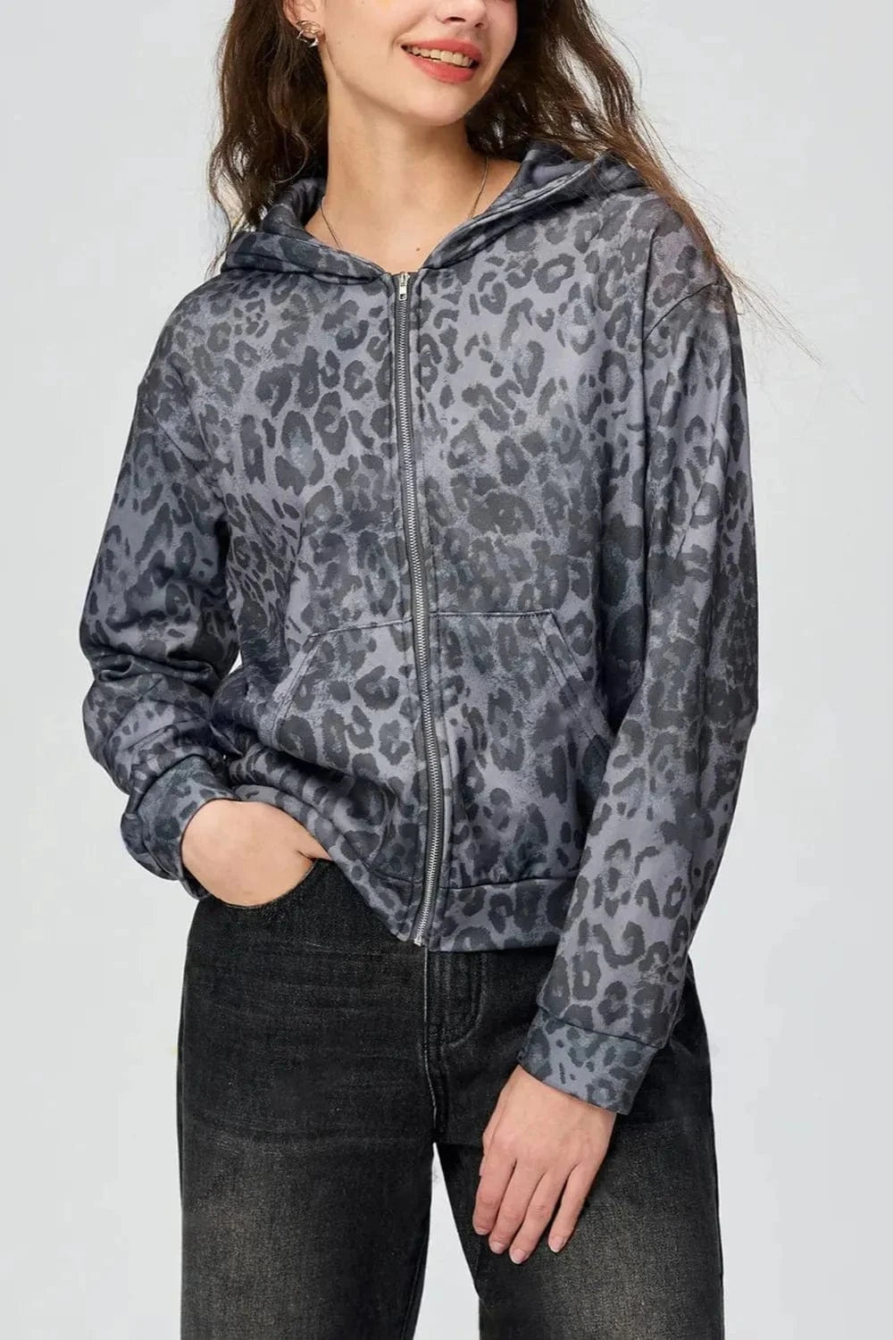 Trendsi Dark Gray / S Pocketed Leopard Zip Up Hooded Jacket