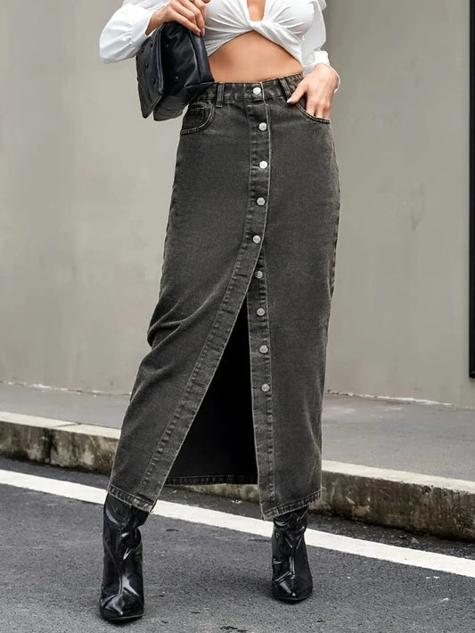 Trendsi Dark Gray / XS Button Up High Rise Denim Skirt