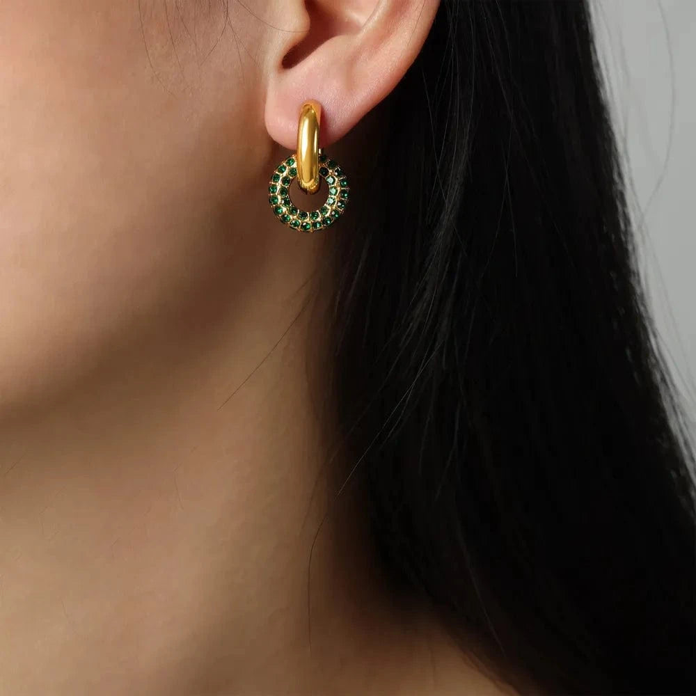 Trendsi Dark Green / One Size Titanium Steel Inlaid Zircon Double-Hoop Earrings