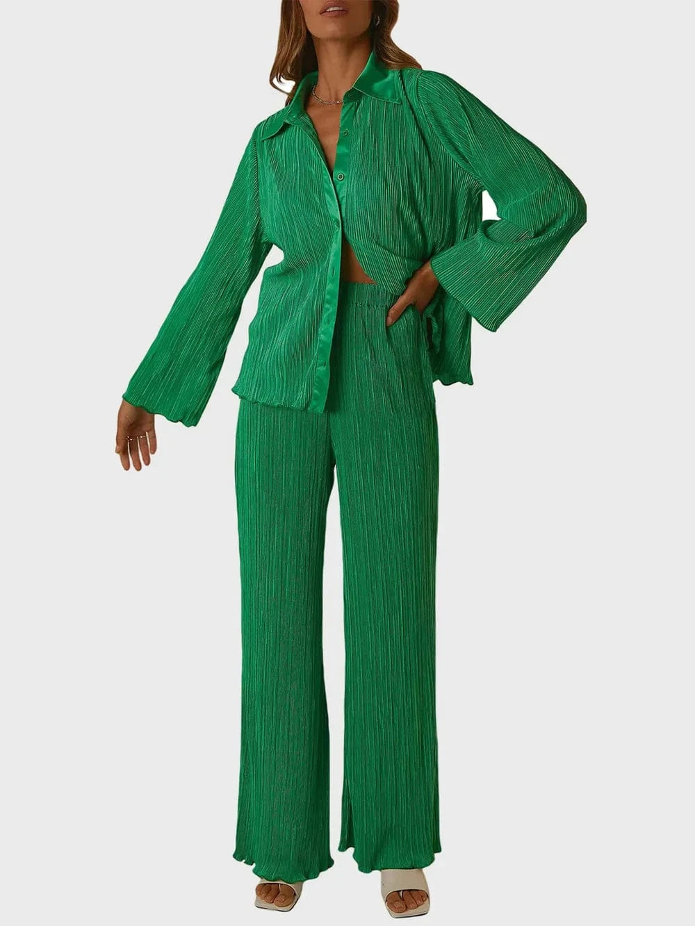 Trendsi Dark Green / S Collared Neck Long Sleeve Top and Pants Lounge Set