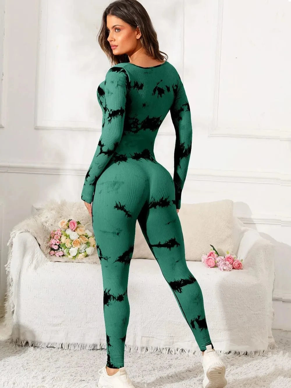 Trendsi Dark Green / S Scoop Neck Long Sleeve Active Jumpsuit