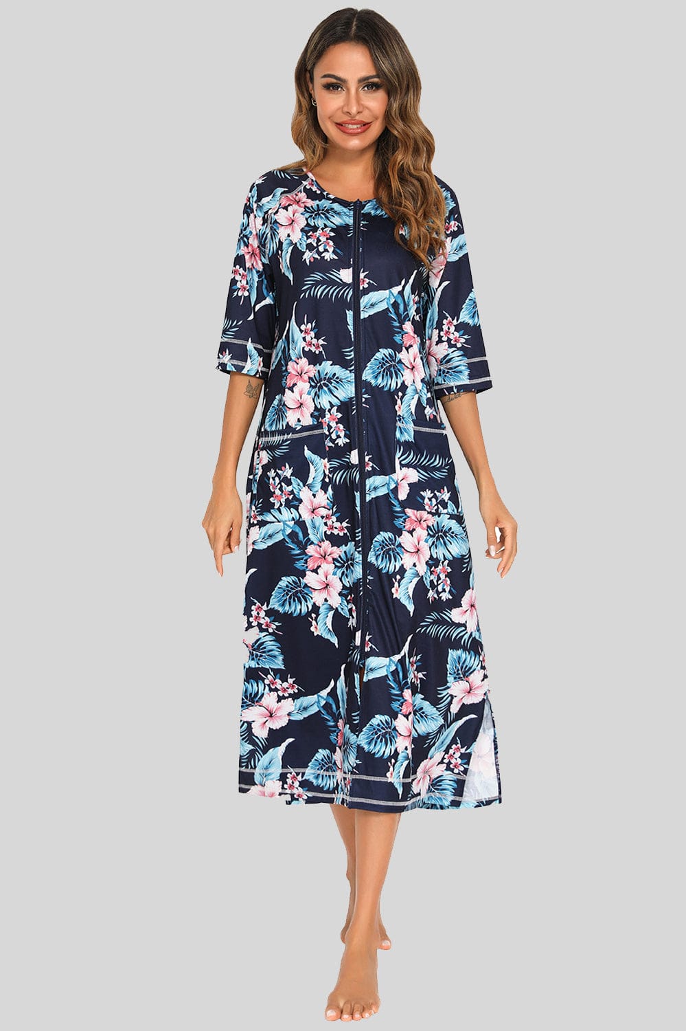 Trendsi Dark Navy / S Printed Slit Night Dress with Pockets