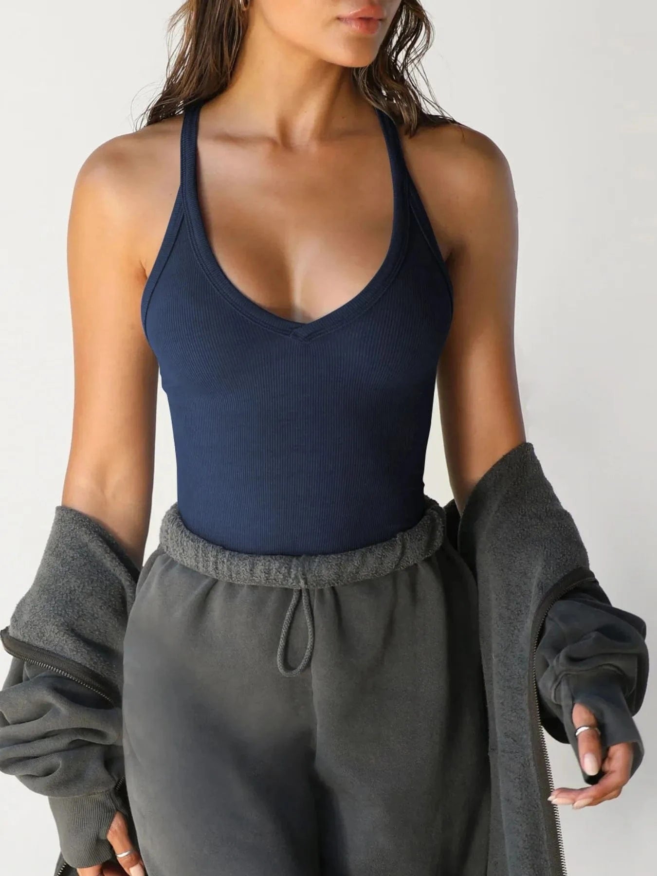 Trendsi Dark Navy / XS Ribbed V-Neck Halter Tank Top