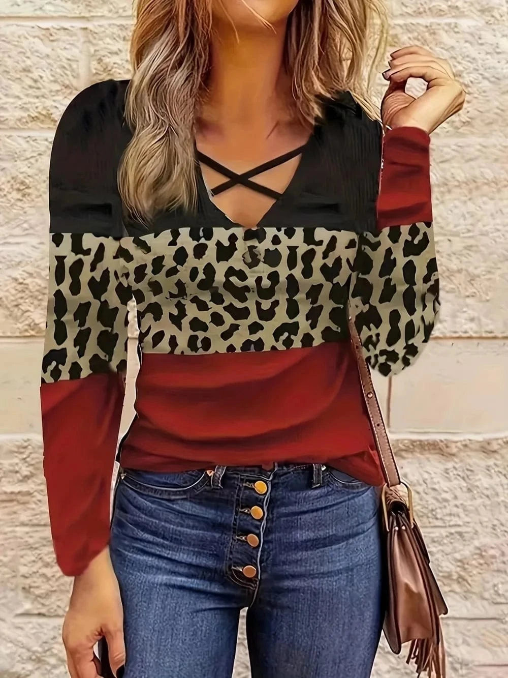 Trendsi Deep Red / S Crisscross Color Block Long Sleeve T-Shirt