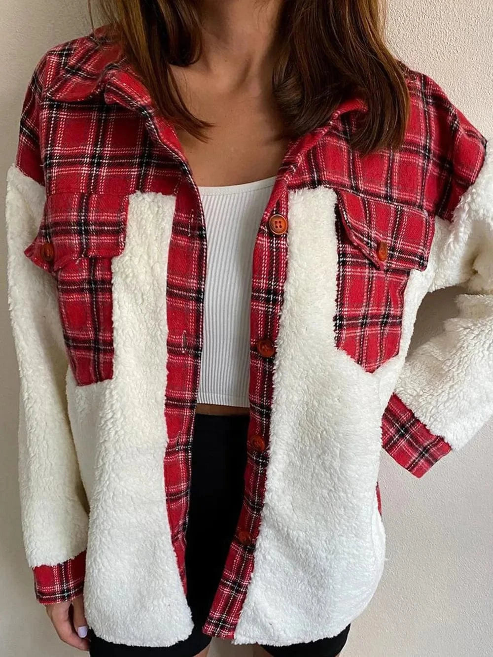 Trendsi Deep Red / S Fuzzy Button Up Long Sleeve Jacket
