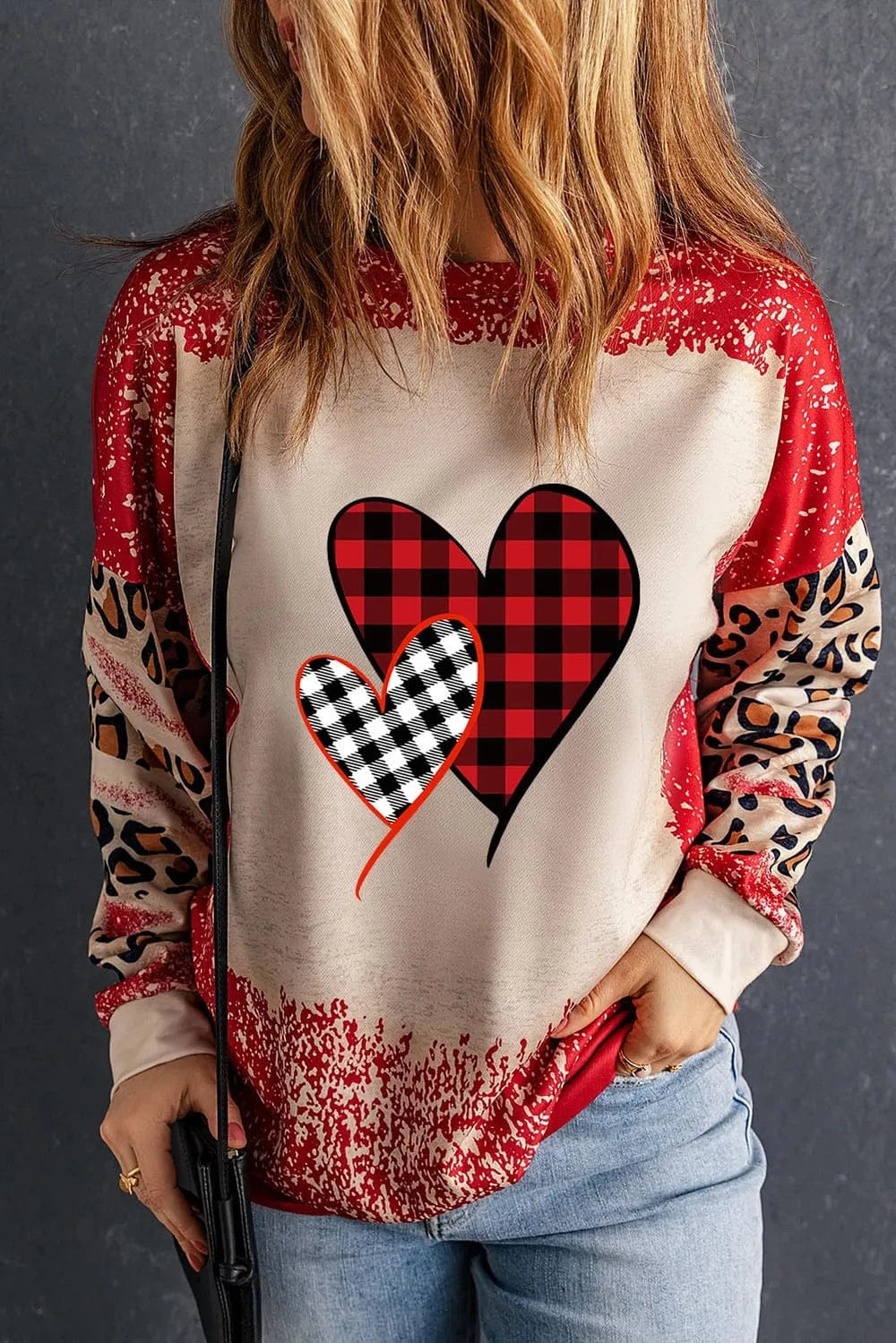 Trendsi Deep Red / S Heart Leopard Round Neck Sweatshirt