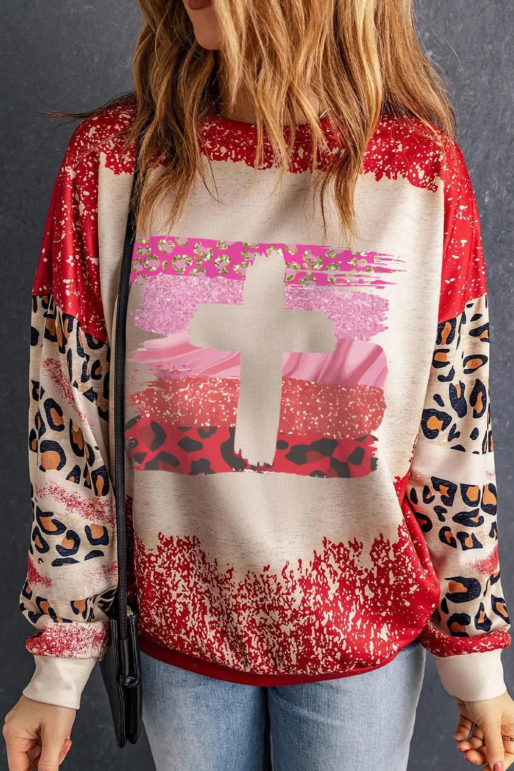 Trendsi Deep Red / S Leopard Round Neck Dropped Shoulder Sweatshirt