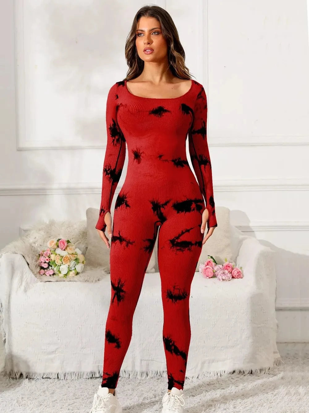 Trendsi Deep Red / S Scoop Neck Long Sleeve Active Jumpsuit