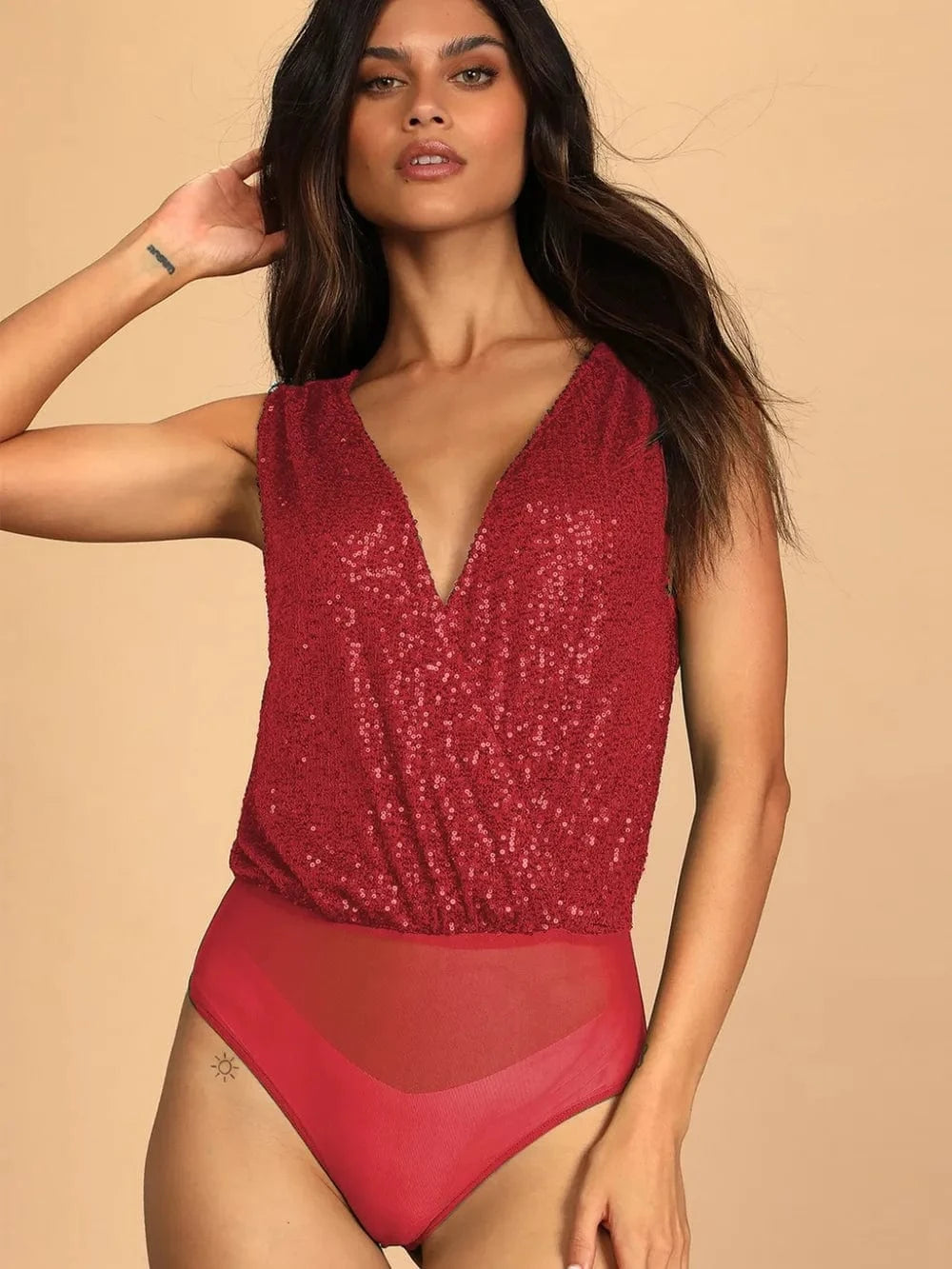 Trendsi Deep Red / S Sequin Surplice Sleeveless Bodysuit