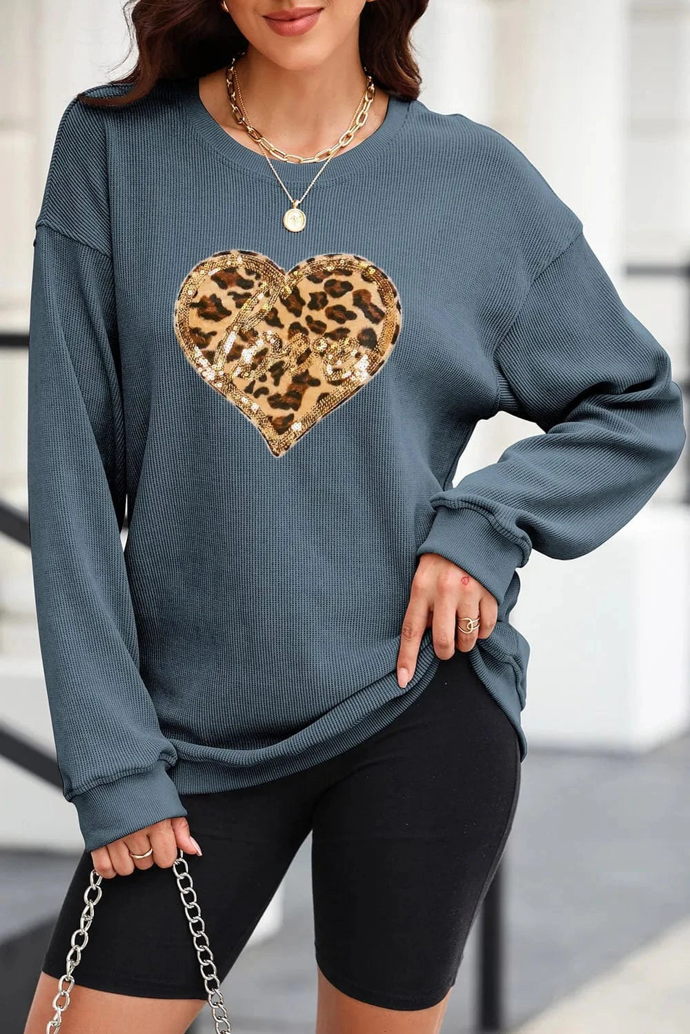 Trendsi Deep Teal / S Heart Leopard Sequin Round Neck Sweatshirt