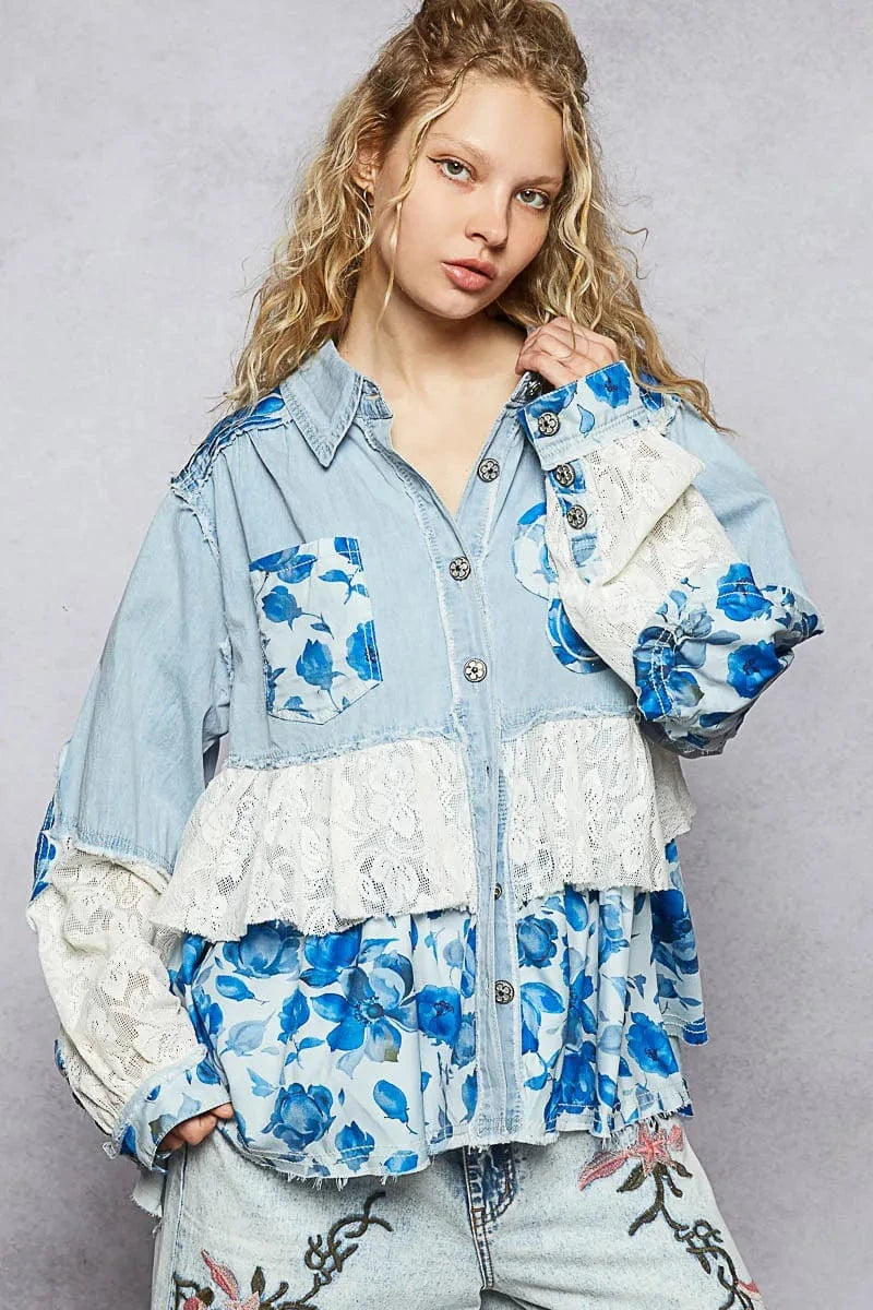 Trendsi DENIM / S POL Floral Patchwork Denim Shirt with Lace Trim Details