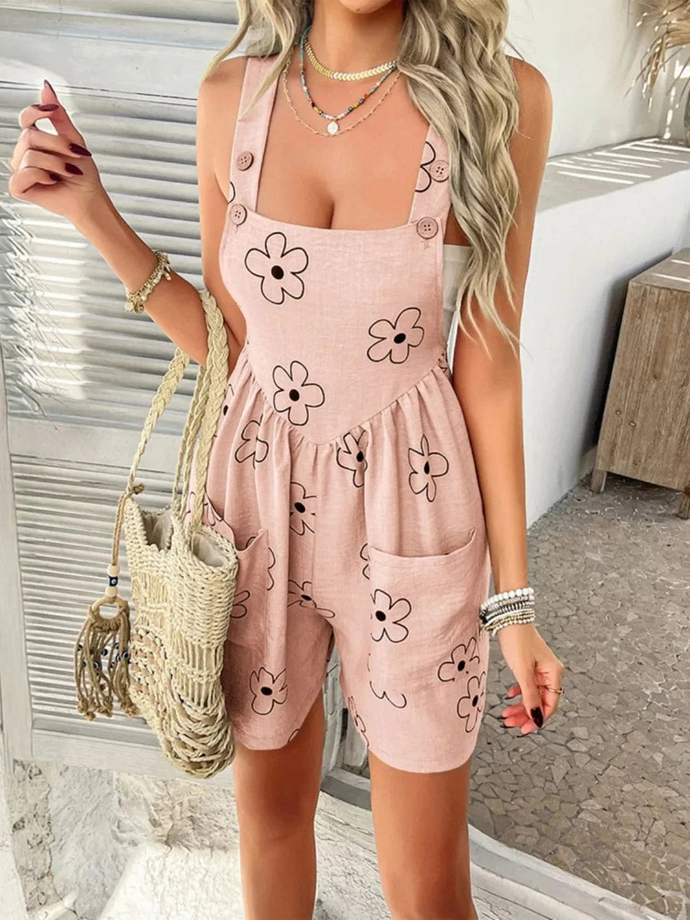 Trendsi Devine Flower Wide Strap Overalls with Pockets