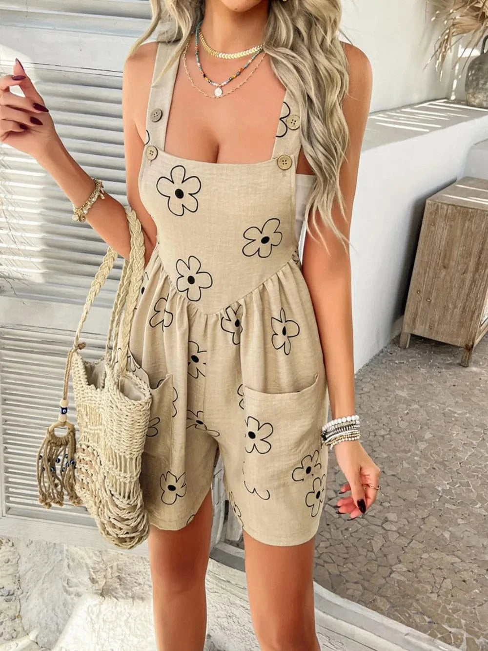 Trendsi Devine Flower Wide Strap Overalls with Pockets