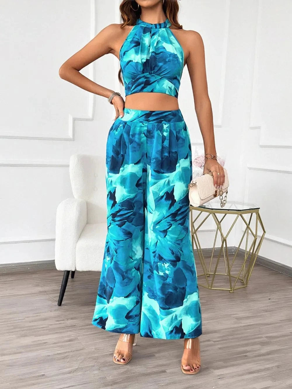 Trendsi Devine Printed Halter Neck Top and Pants Set