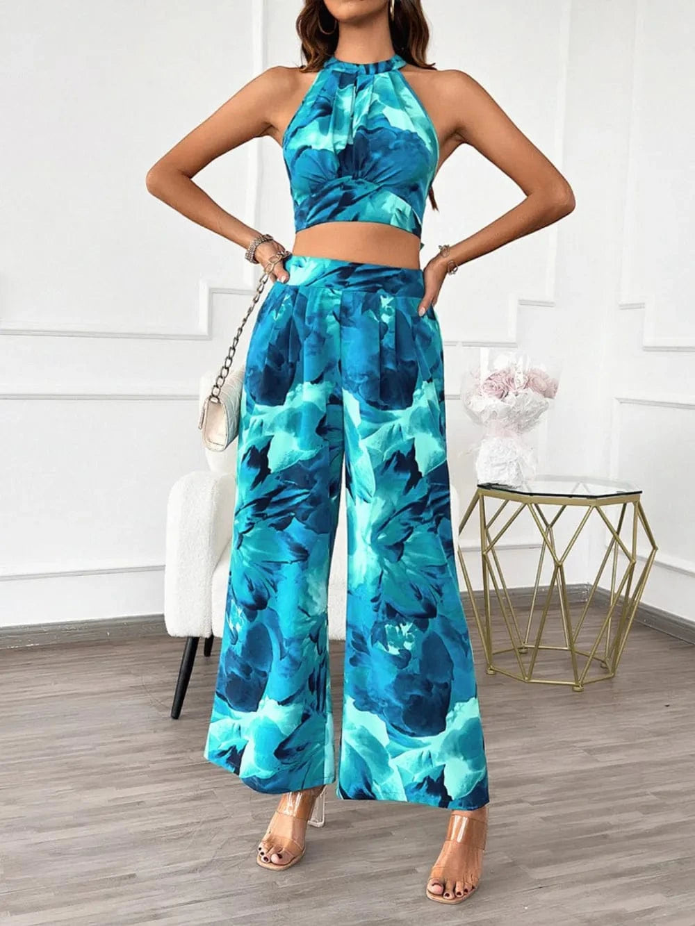 Trendsi Devine Printed Halter Neck Top and Pants Set
