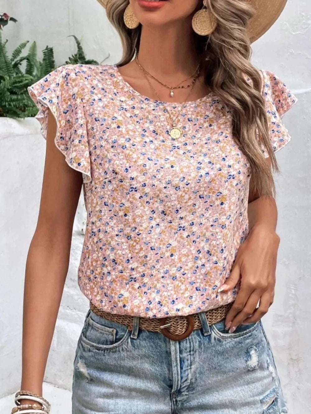 Trendsi Ditsy Floral Round Neck Cap Sleeve Top