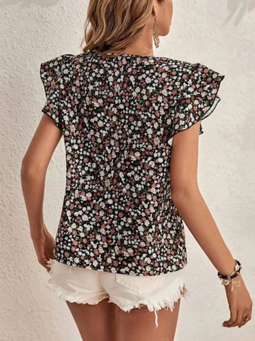 Trendsi Ditsy Floral Round Neck Cap Sleeve Top