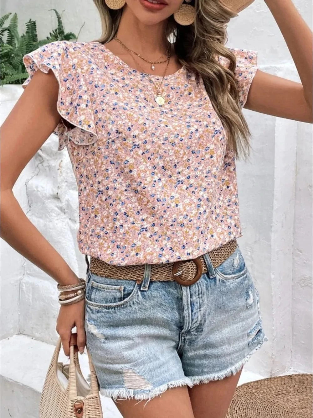 Trendsi Ditsy Floral Round Neck Cap Sleeve Top
