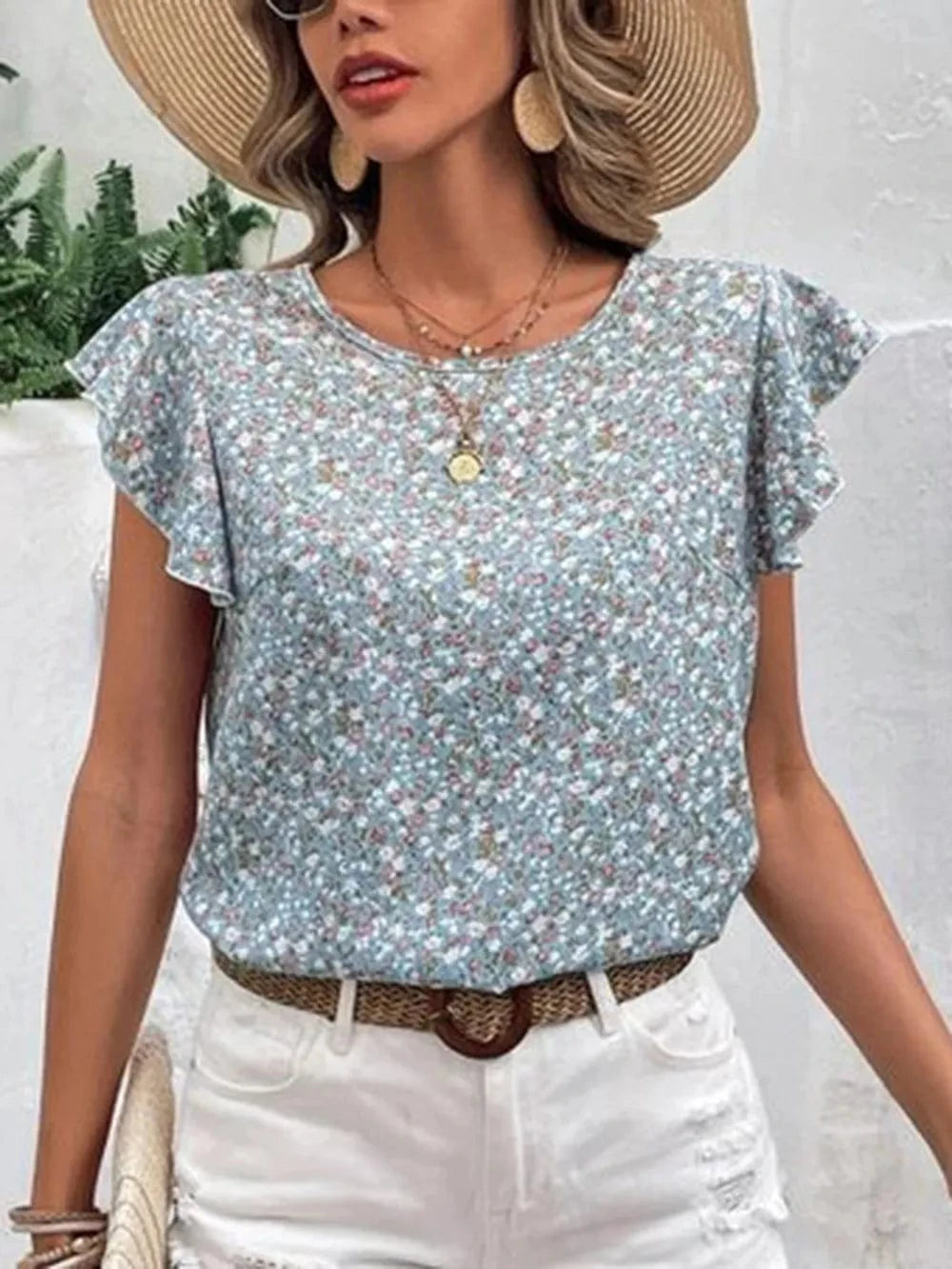Trendsi Ditsy Floral Round Neck Cap Sleeve Top