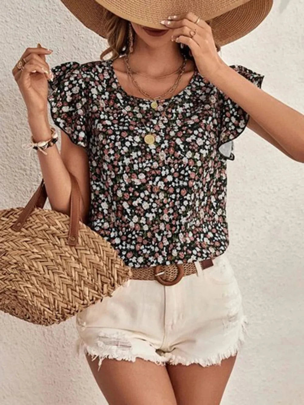 Trendsi Ditsy Floral Round Neck Cap Sleeve Top