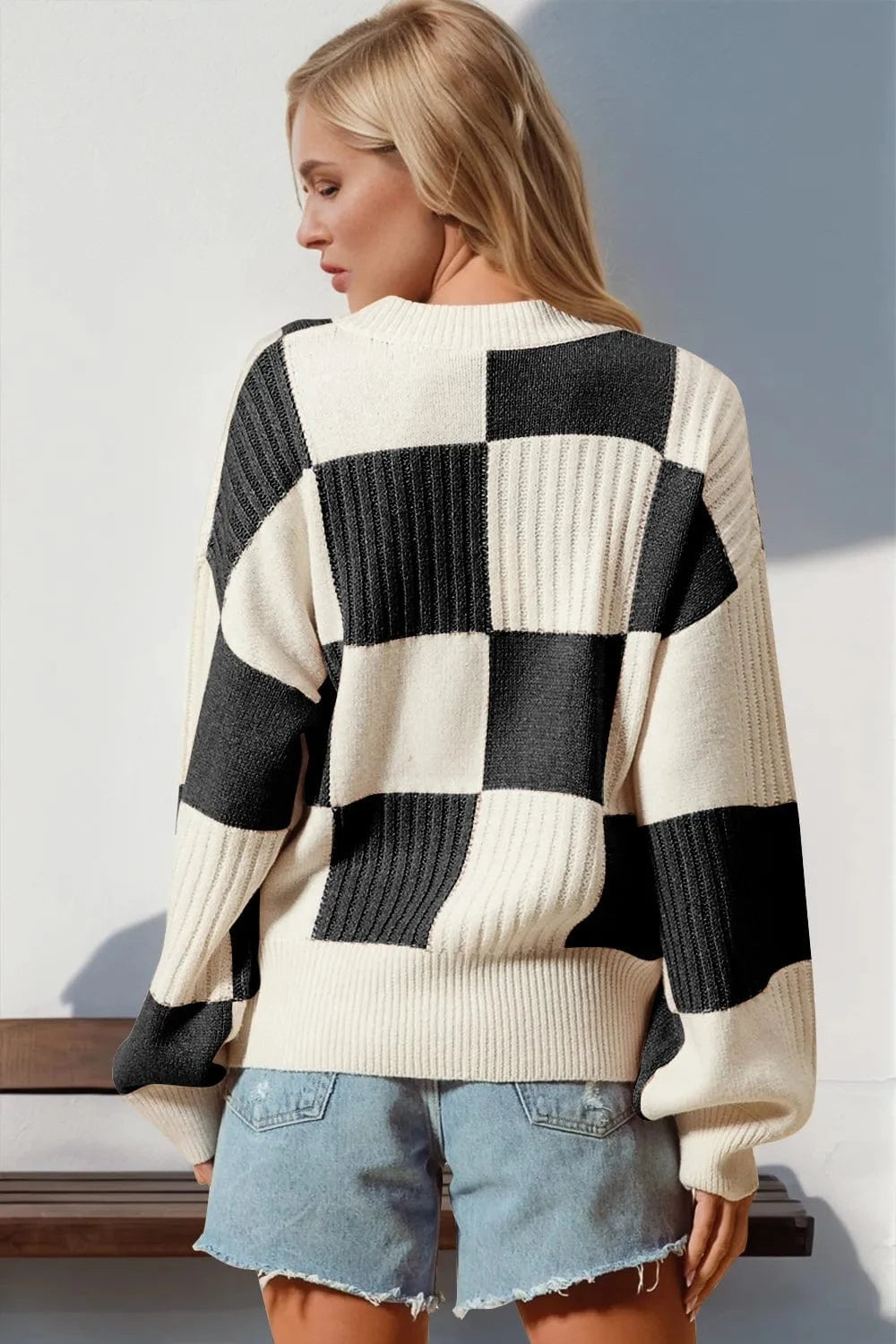 Trendsi Double Take Full Size Checkered Dropped Shoulder Cardigan
