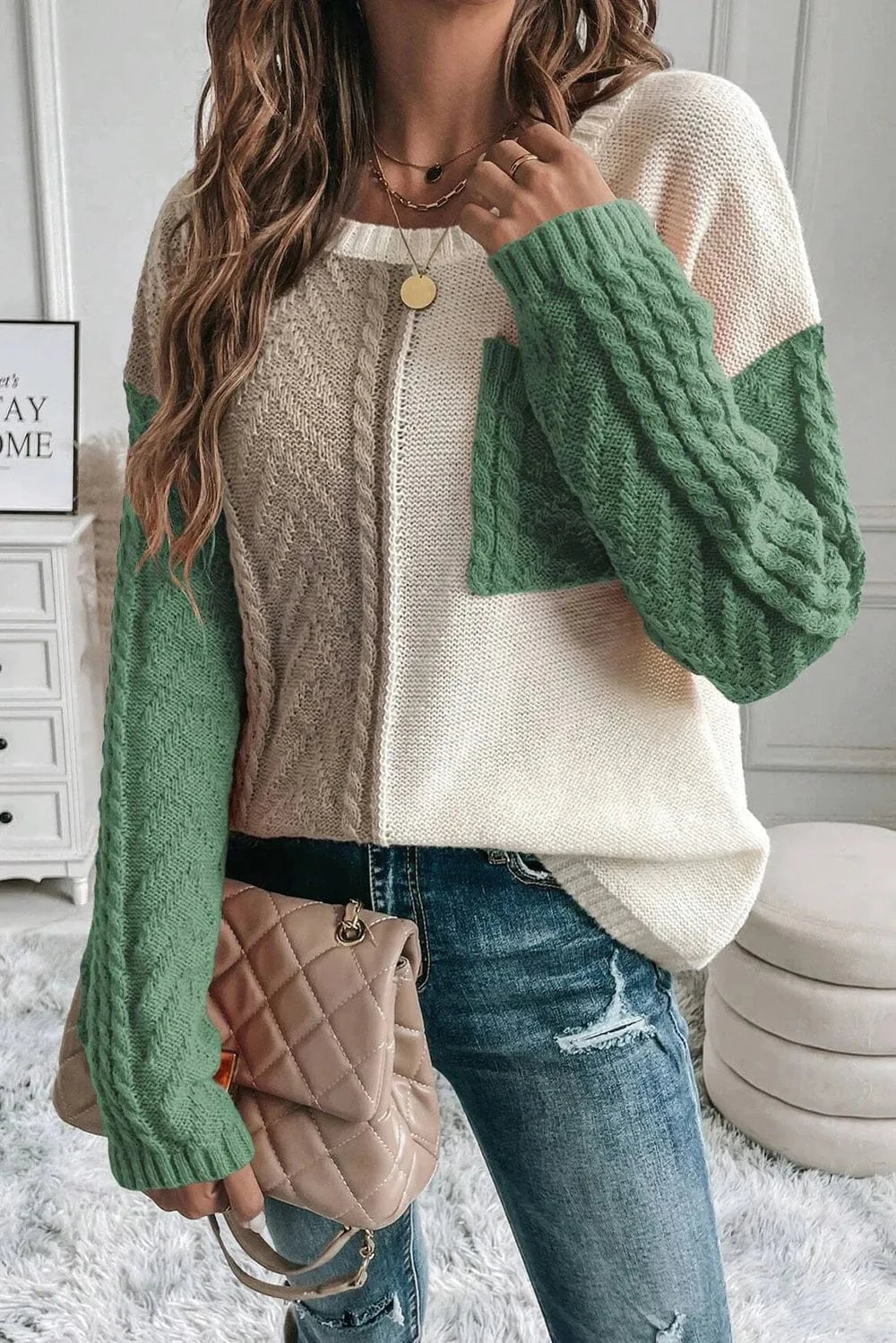 Trendsi Double Take Full Size Color Block Drop Shoulder Sweater