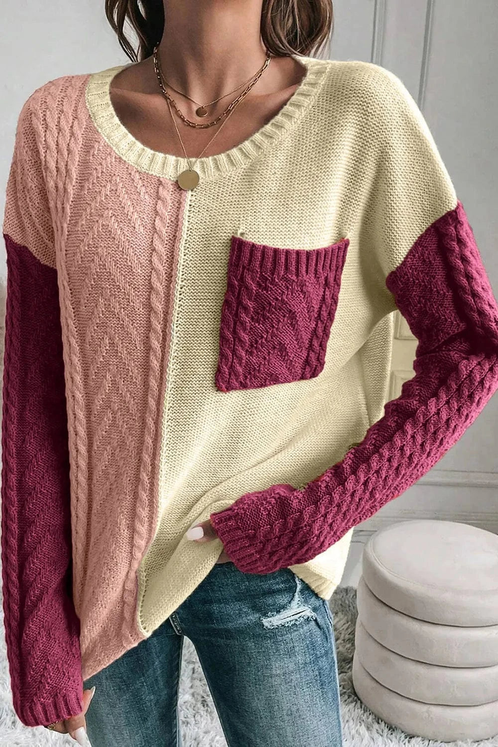 Trendsi Double Take Full Size Color Block Drop Shoulder Sweater