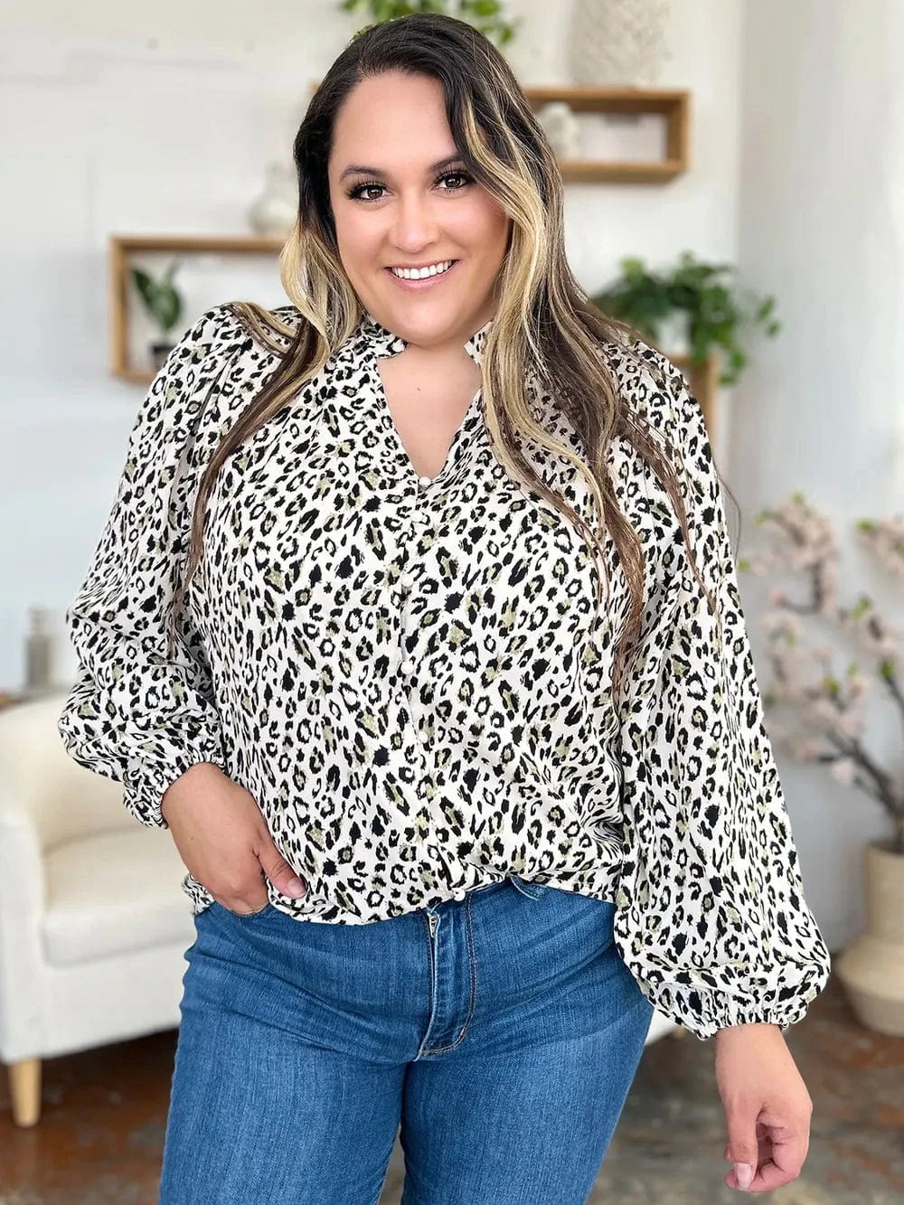Trendsi Double Take Full Size Leopard Long Sleeve Blouse