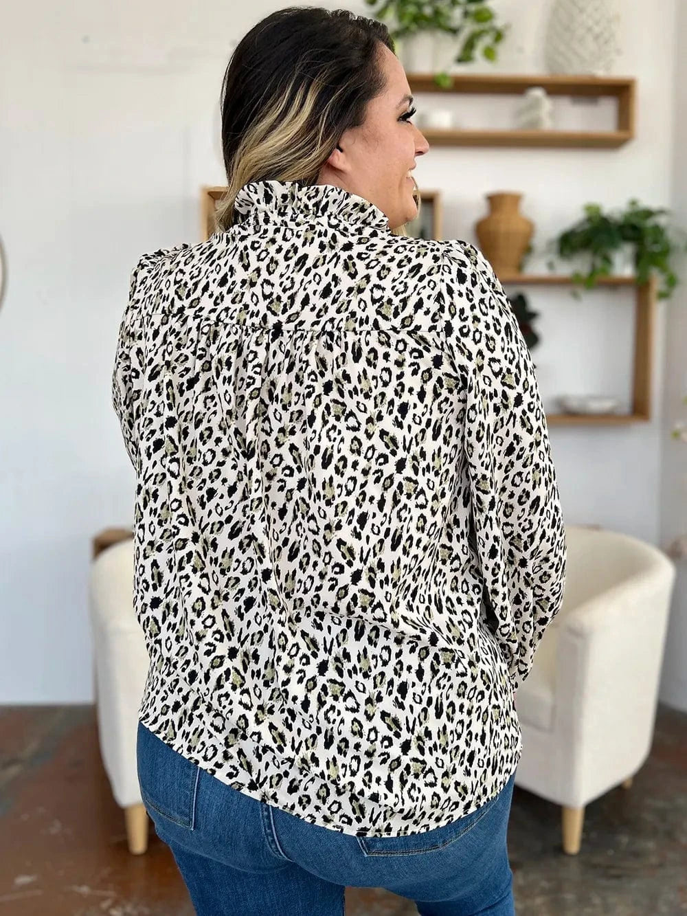 Trendsi Double Take Full Size Leopard Long Sleeve Blouse