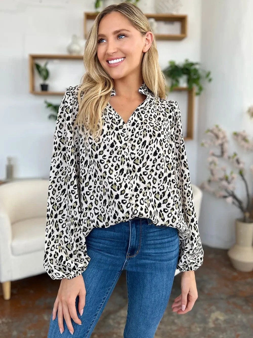 Trendsi Double Take Full Size Leopard Long Sleeve Blouse