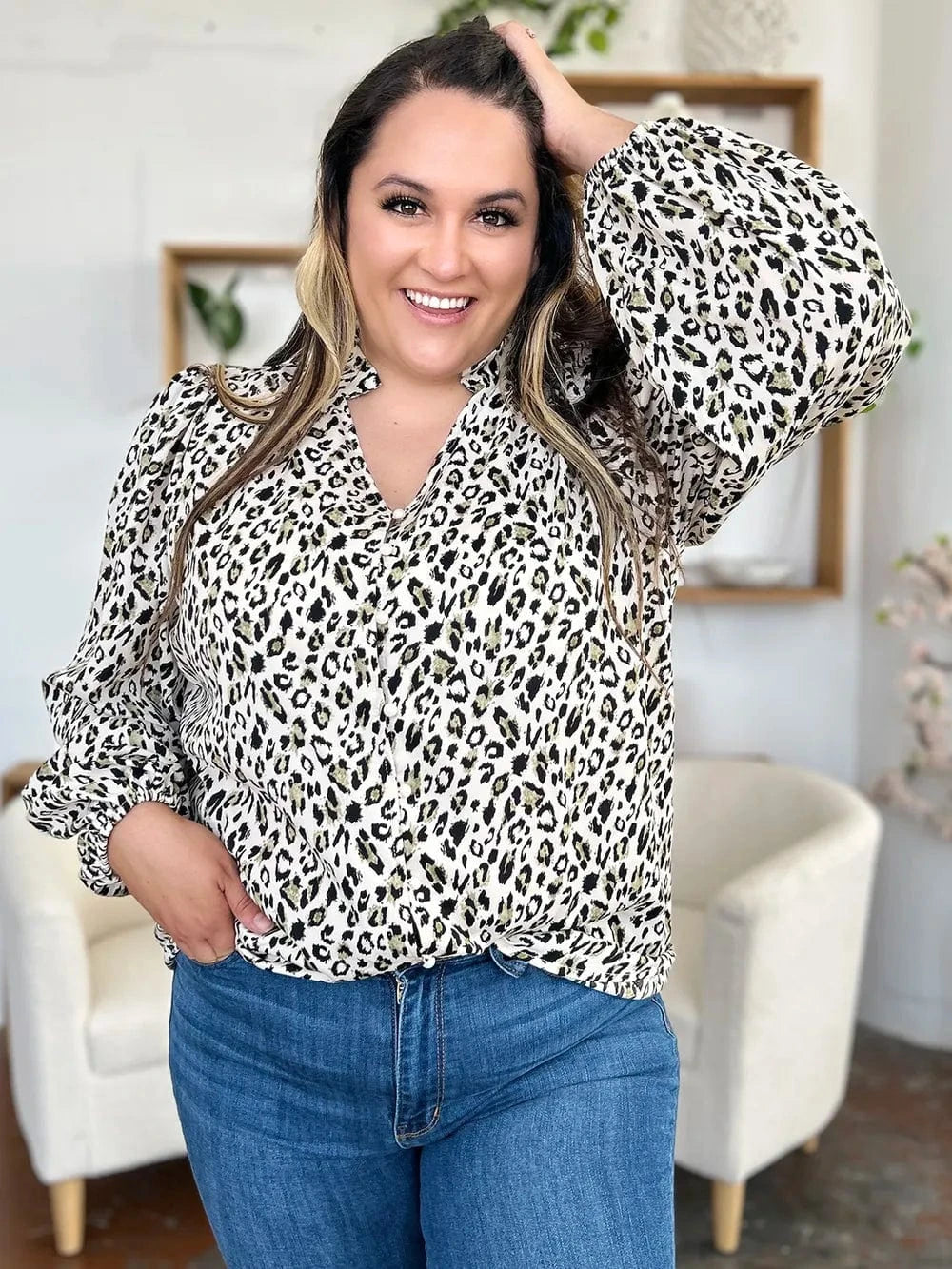 Trendsi Double Take Full Size Leopard Long Sleeve Blouse